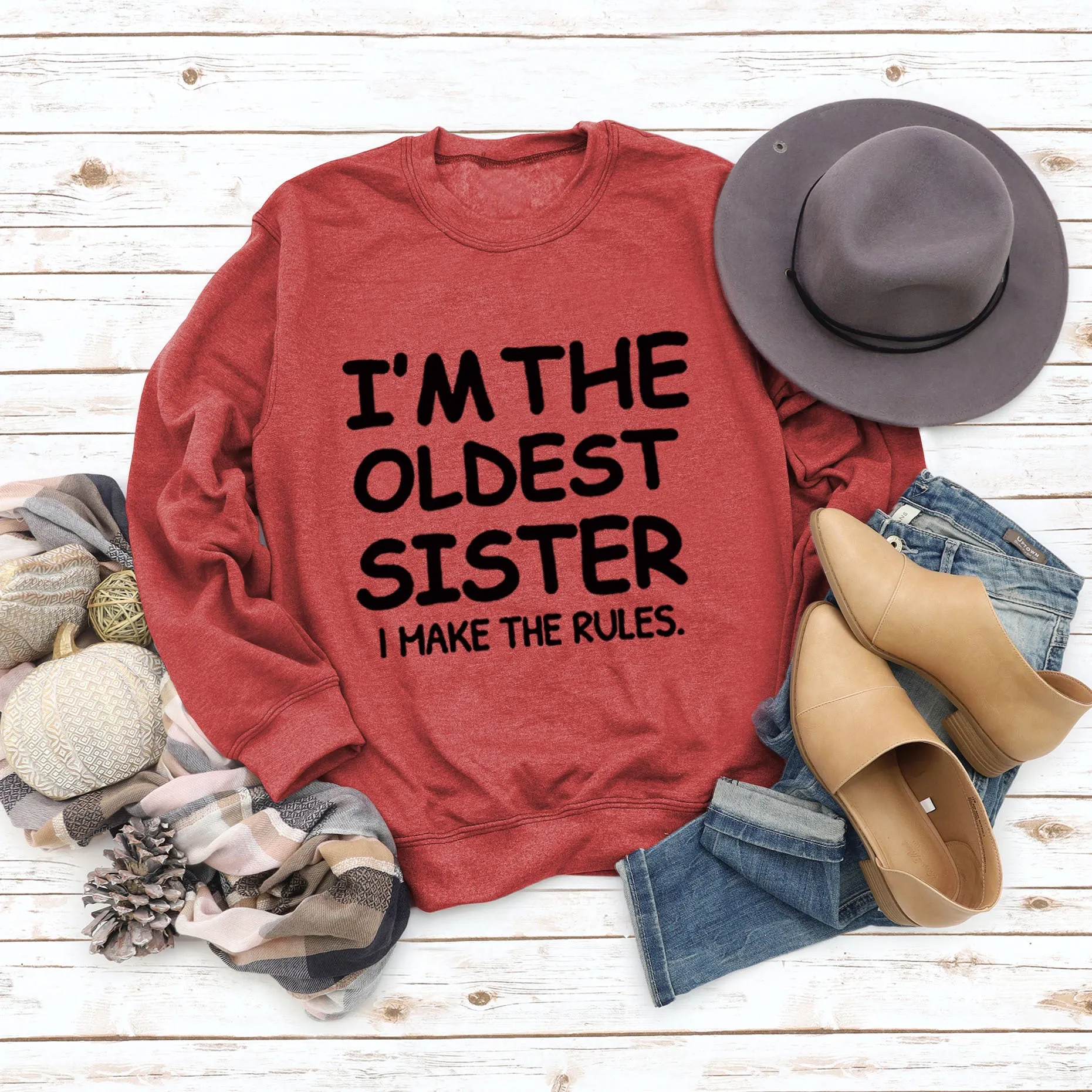 Round Neck Letter Fashion Women Long Sleeve I'M THE OLDEST SISTER Loose Print Sweatshirt